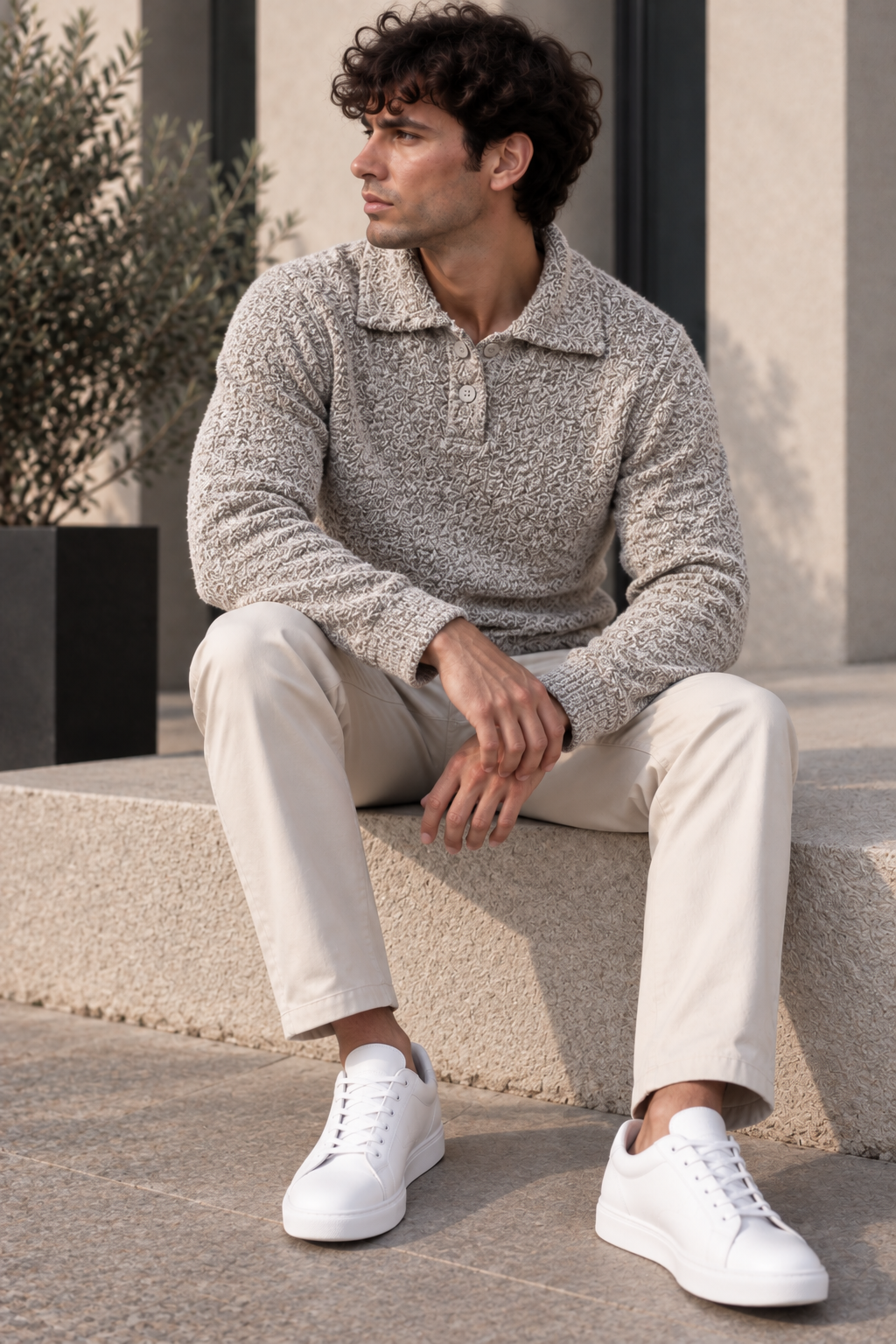 Pull texturé à col polo – Bleu, Blanc & Taupe