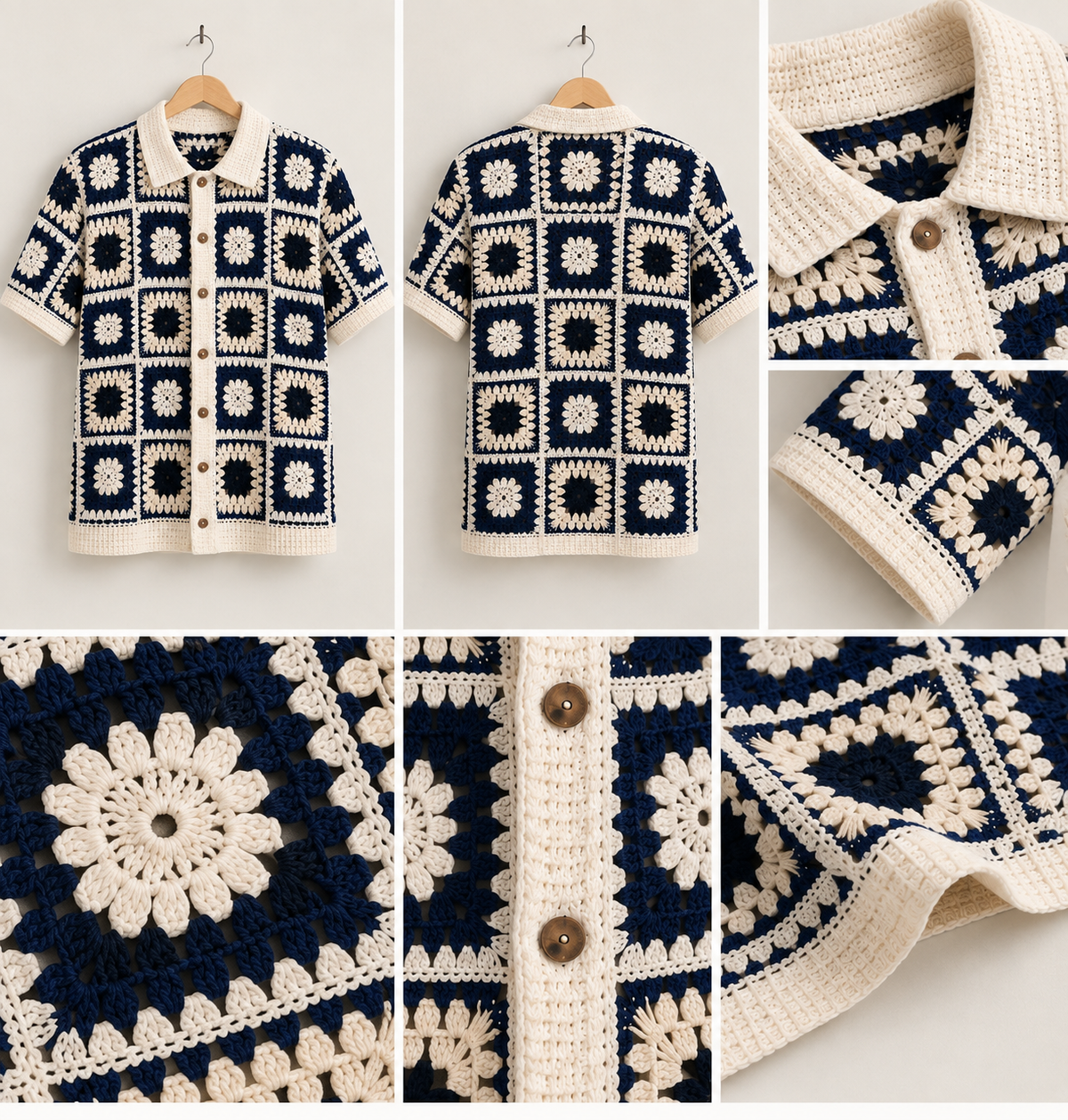 Chemise Crochet Bleu Marine & Écru