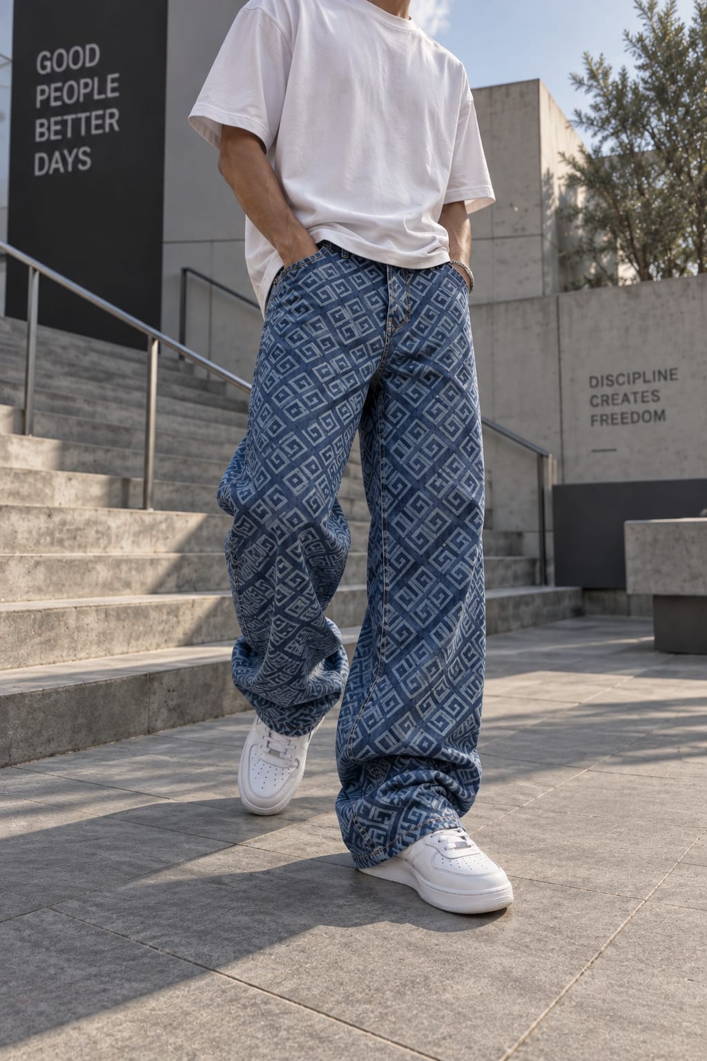 Jean Baggy Géométrique Bleu