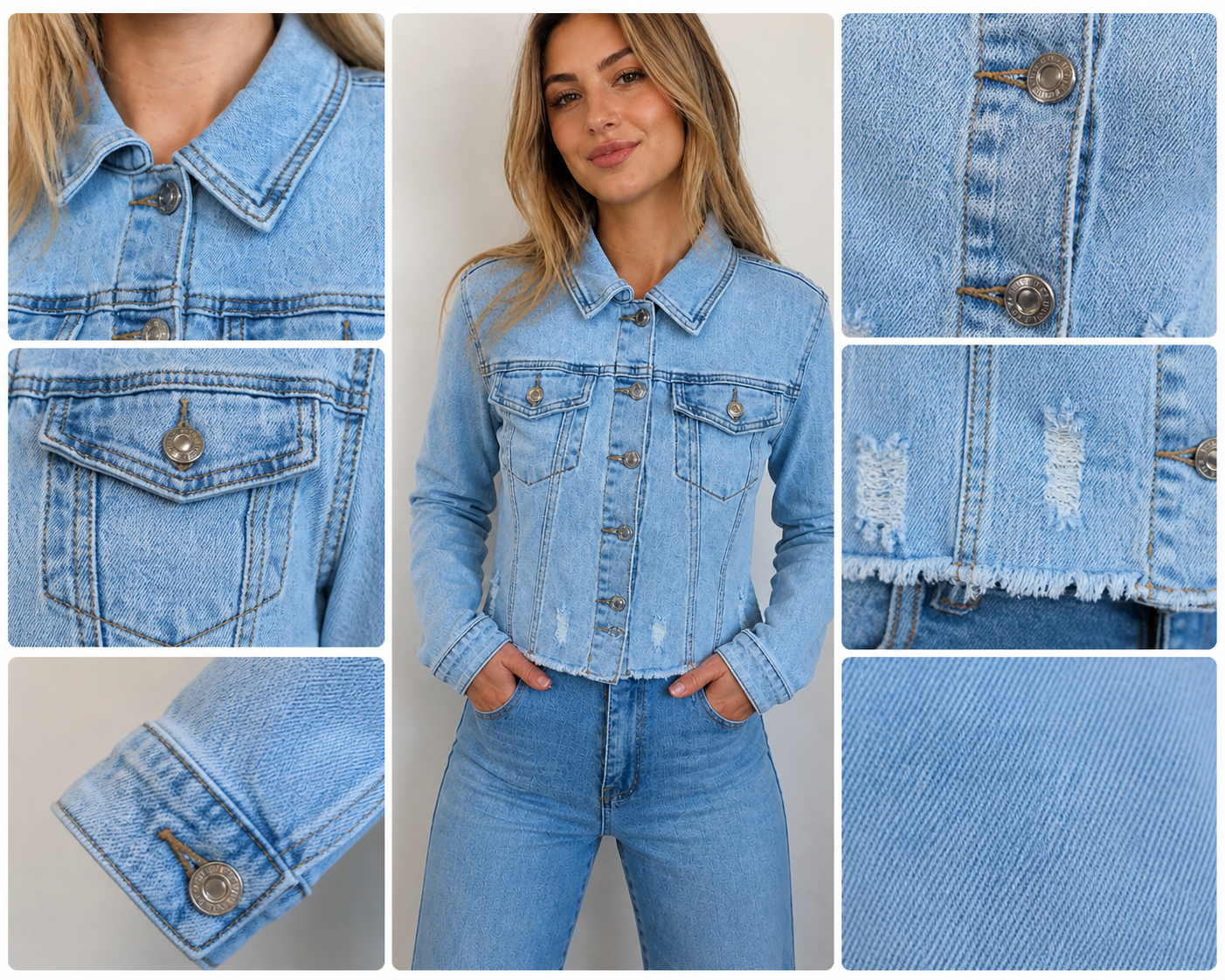 Veste en jean bleu clair au style ajusté et moderne.