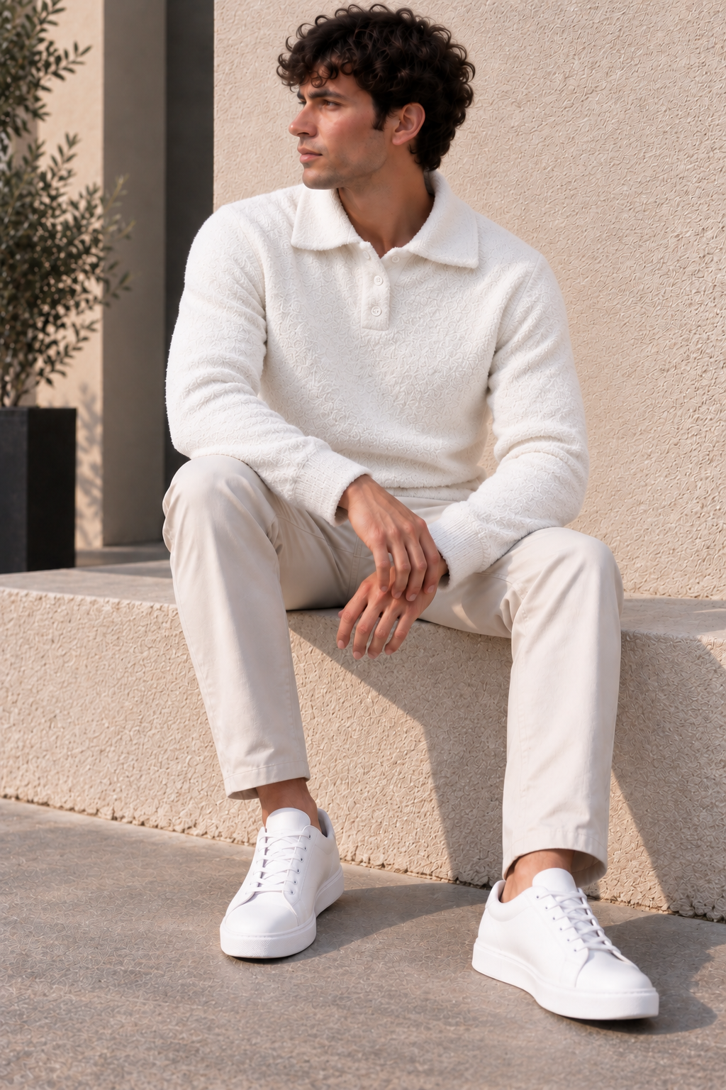 Pull texturé à col polo – Bleu, Blanc & Taupe