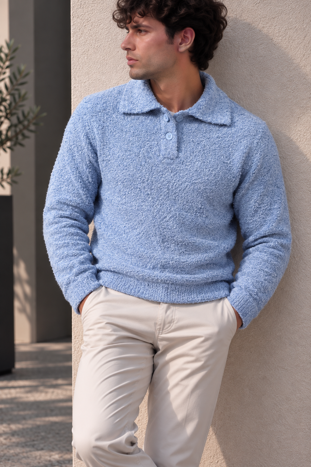 Pull texturé à col polo – Bleu, Blanc & Taupe