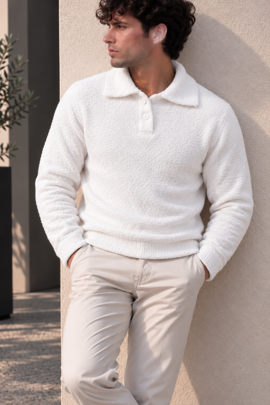 Pull texturé à col polo – Bleu, Blanc & Taupe