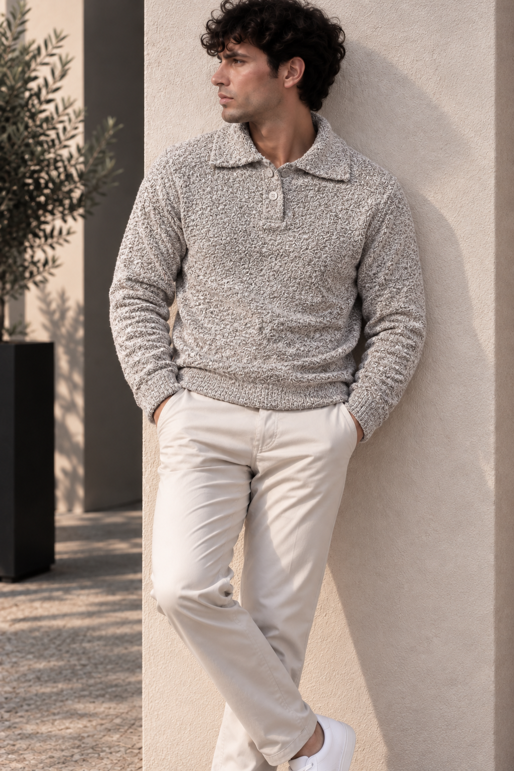 Pull texturé à col polo – Bleu, Blanc & Taupe