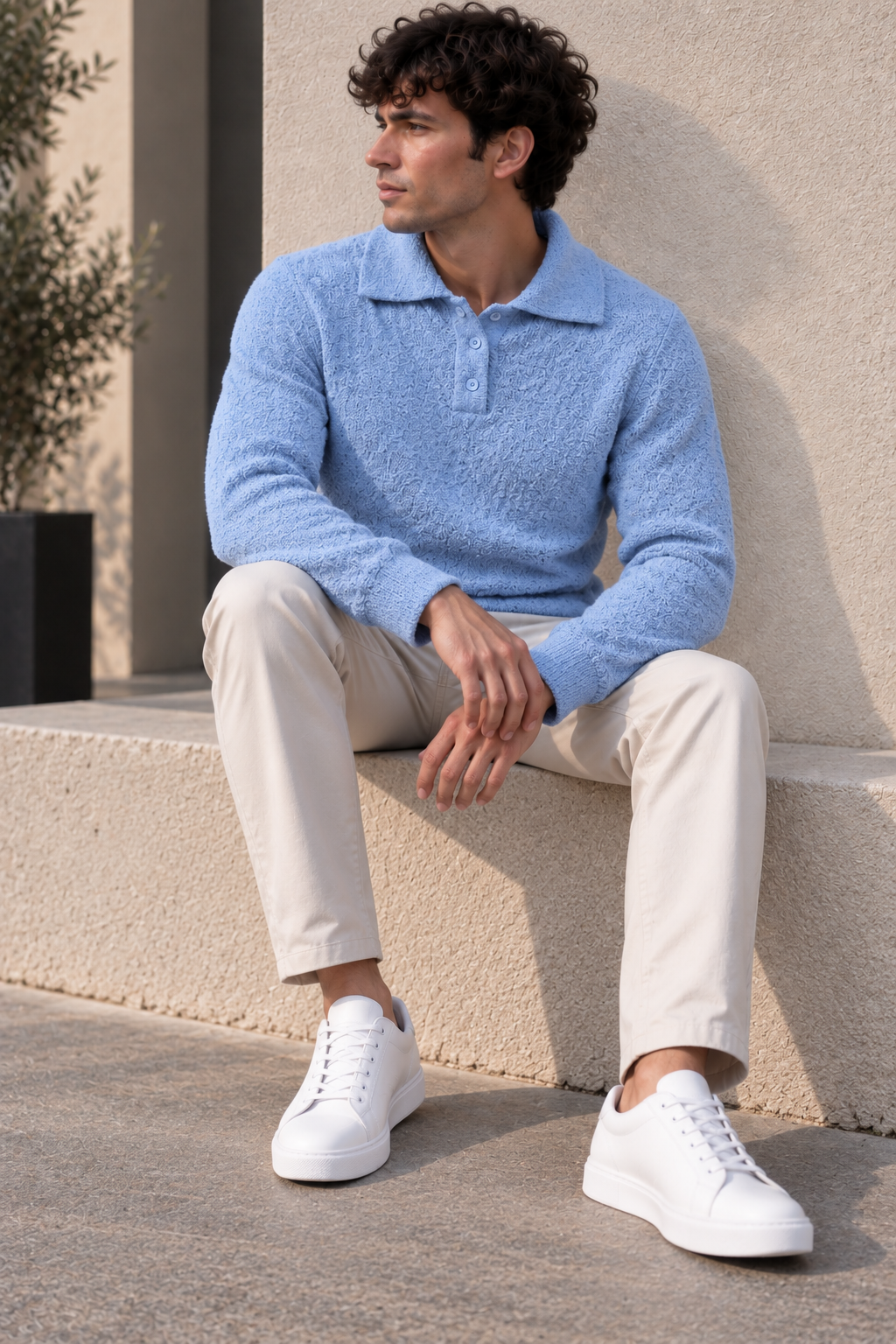 Pull texturé à col polo – Bleu, Blanc & Taupe