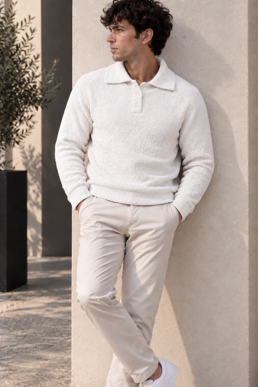 Pull texturé à col polo – Bleu, Blanc & Taupe