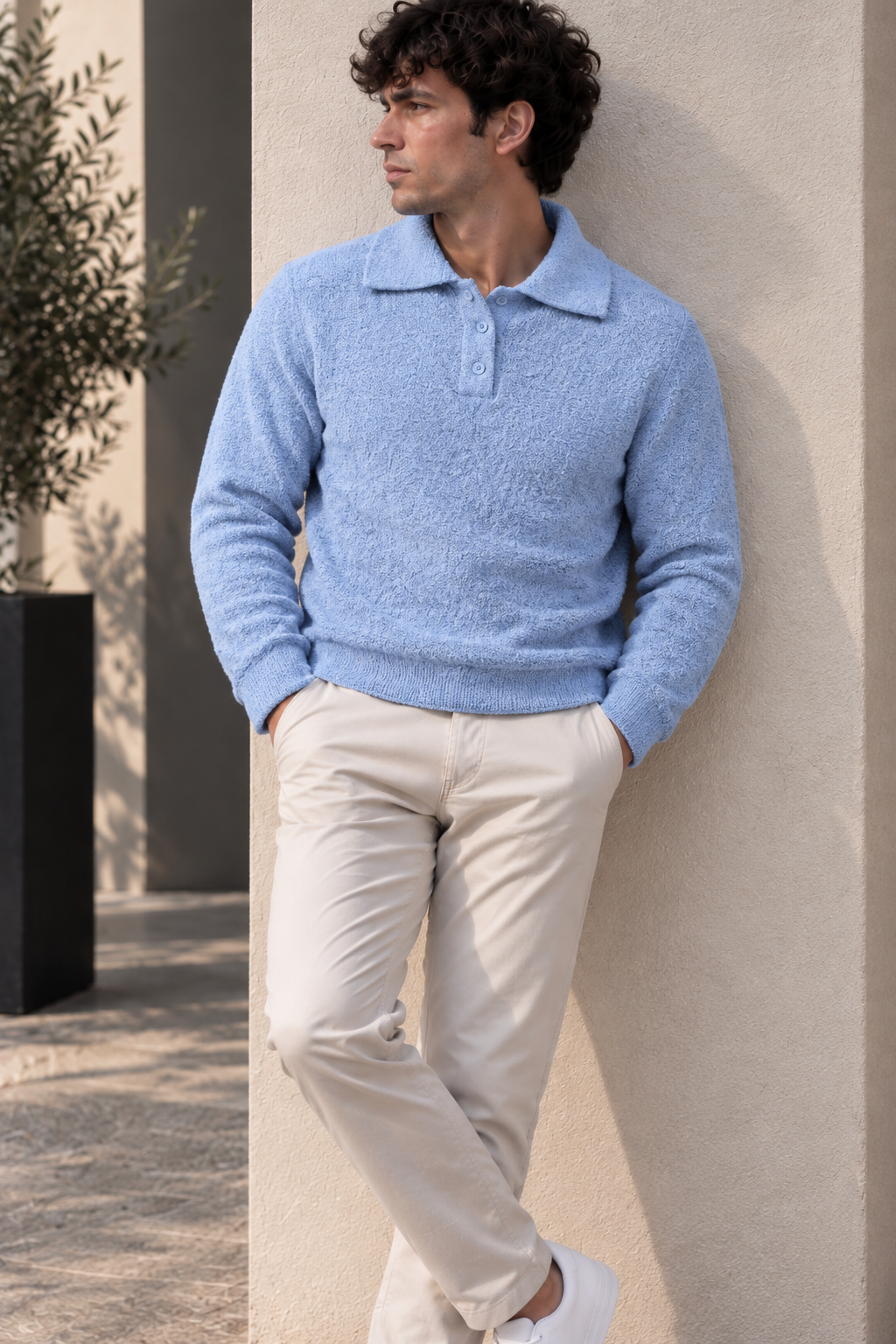 Pull texturé à col polo – Bleu, Blanc & Taupe