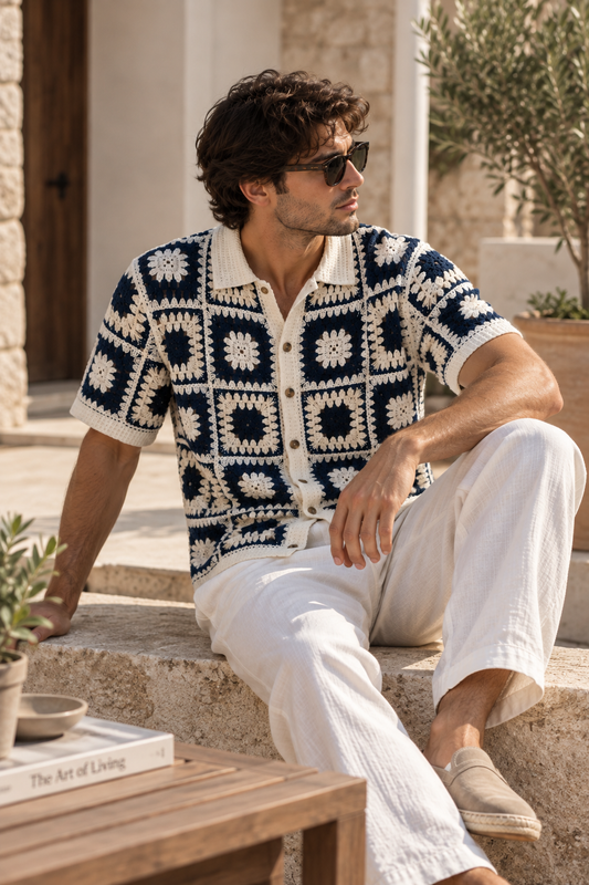 Chemise Crochet Bleu Marine & Écru