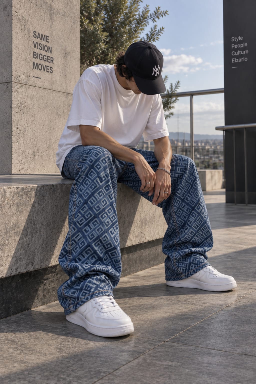 Jean Baggy Géométrique Bleu