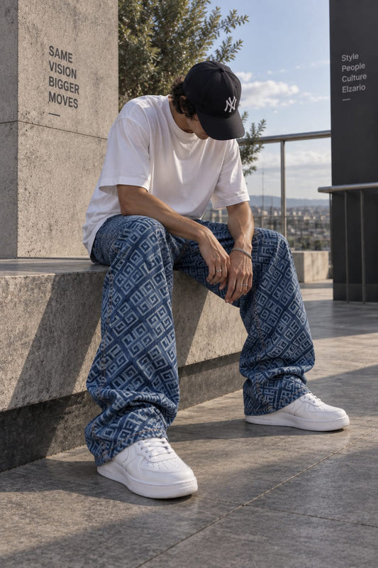 Jean Baggy Géométrique Bleu
